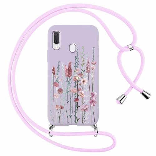 Foonary Handykette Hülle mit Kette für Samsung Galaxy A20e 5,8 Handyhülle, Blumen Lavendel Design Band Necklace Case mit Kordel zum Umhängen Silikon Bumper Schutzhülle Cover Schnur für Samsung A20e