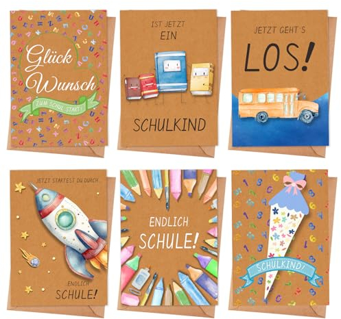 Goldziples Einschulung Karten mit Umschlag Set - 6 Schulstart Glückwunschkarte für Jungen & Mädchen - Kindgerechte Glückwunschkarten zum Schulanfang