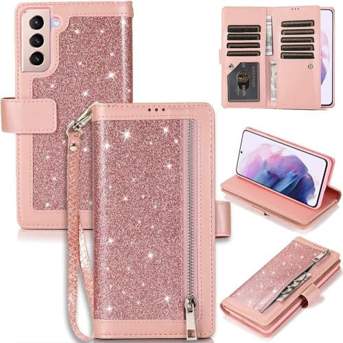 GUVAGI Étui de protection pour téléphone portable Samsung Galaxy S21 FE 5G avec bande rabattable en cuir à paillettes à rabat et chaîne de téléphone portable 9 cartes - Rose