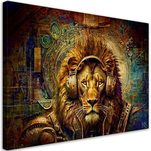 Feeby Wandbild - Wohnzimmer Modern Deko - Löwe über Kopfhörer Tier Gold - 120x80 1tlg - Bilder Leinwand - Bild auf Leinwand Schlafzimmer - Leinwandbilder für die Wand - Canvas Painting - Fotokunst