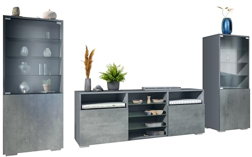 Vladon Wohnwand Granada, Anbauwand bestehend aus 2 Vitrinen und 1 TV-Board, Anthrazit matt/Beton Dunkel Optik (286 x 122,5 x 35 cm)