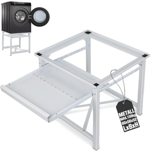 Stahl Waschmaschinesockel inkl. Ausziehbare Ablage, Stahl Waschmaschinen Untergestell Trocknersockel Rutschfesten Podest Erhöhung für Kühlschrank Trockner, max. 150kg, 60 x 56 x 52 cm (LxBxH)