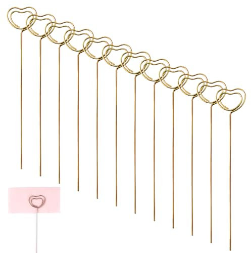 VYIBPDY Fotohalter Aus Metall - 12 PCS Kartenhalter in Herzform - Metalldrähte Memo Clip - Tischnummer Clip - Fotohalter Metall - Memohalter Klammer - Memohalter Herz - Gold, 25×120mm