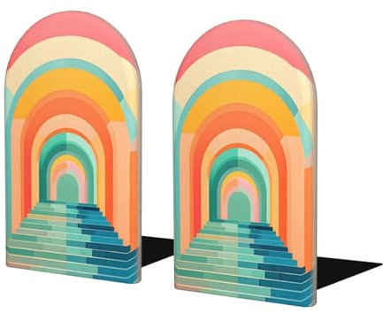 Serre-livres en bois - Support de livres géométrique arc-en-ciel - Serre-livres pour étagères - Antidérapants - Pour la maison, le bureau, l'école