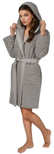 Artower® Damen Bademantel Boho, Frottee 100% Baumwolle, Morgenmantel mit Kapuze, leicht, knielang
