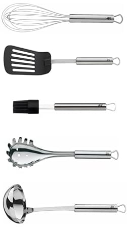 WMF Set 5-teilig Profi Plus Küchenhelfer Set, Suppenkelle Edelstahl 30 cm und Spaghettilöffel 32 cm und Schneebesen Edelstahl 25 cm und Pfannenwender Kunststoff 32,2 cm und Silikon-Backpinsel 20 cm
