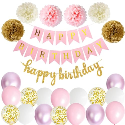 Happy Birthday Rosa Oro Compleanno Party Decorazione Set Compleanno Ghirlanda Palloncini Rosa Oro Palloncini 6 Pompoms Decorazione Compleanno Ragazza