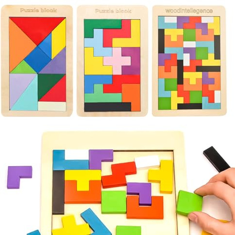 Holz Puzzle Tangram Puzzle Pädagogisches Montessori Spielzeug ab 2 Jahren, Holzspielzeug für Mädchen – Block Puzzle, Katamino & Motorikspielzeug in Einem Paket Kinder