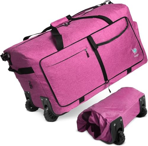 Bago Faltbare Seesack mit Rollen - 80L 100L 120L 140L Falttasche Wasserdichte Reisetasche Heavy Duty Gewichtsparende Seesack für Reisen Handgepäck Seesack mit Rollen, Schneerosa, 100 l