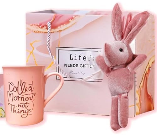 Cnwinu Pink Kawaii Cute Mug with Cute Stuff Wishing Bunny, Random Card, Sister & Friend Gifts (350mL, Rabbit Mug)