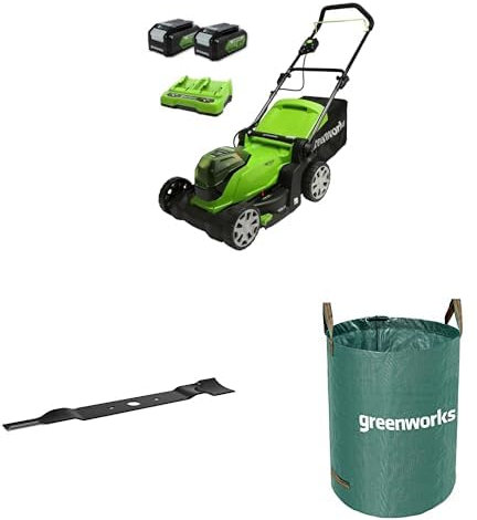 Greenworks G24X2LM41K4X Cordless Lawnmower, 41cm Cutting Width, 2 x 24V (48V equivalent) 4Ah Batteries and Twin Charger + Greenworks 41 cm Replacement Blade + Greenworks Tools 120 L garden waste bag