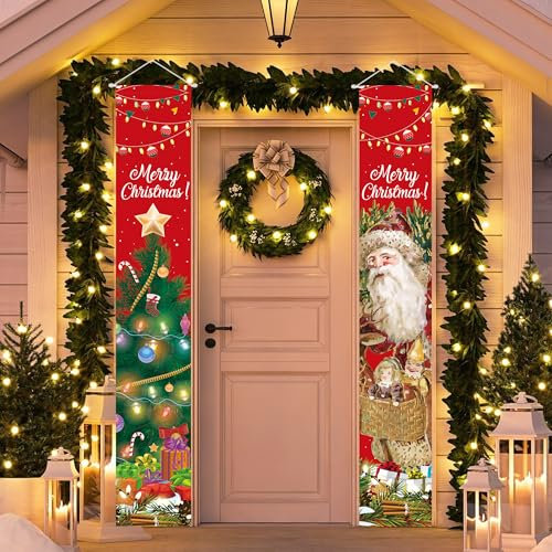 Merry Christmas Door Banner 180x30cm, Santa Claus Porch Signs Xmas Couplet Curtain Banner for House Gate Garden Patio Yard Door Wall Decor
