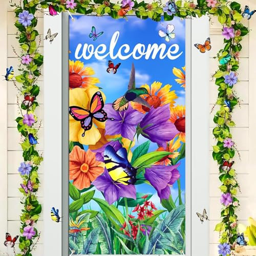 Frühlingdeko Tür, Türdeko Frühling mit Blumen Schmetterlings, Türabdeckung Frühling, Frühling Banner, 185 x 90cm, frühlings Deko für Ostern, Baby Shower, Frühling Party (Blau)