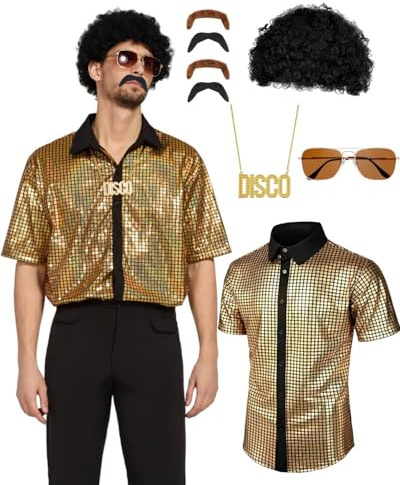 minkasic 70s Fancy Dress Mens 5PCS 70s Shirts for Men with Disco Accessories Wig, Sunglasses, Fake Beard Disco Necklace, Abba Fancy Dress Costume Men Set for 60s 70s Party