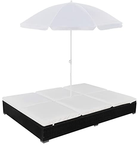 LVHUIDEH Doppel Gartenbett mit Sonnenschirm und Kissen, Sonneninsel, Freizeitbett, Outdoor Sonnenliege, 2 Personen Gartenliege, Polyrattan Liegestuhl für Pools Garten Terrasse, 197 x 140 x 190 cm