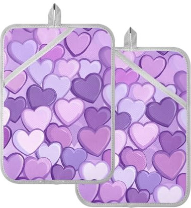 Foiosoh Presine da cucina resistenti al calore, a forma di cuore, colore viola, con tasche e supporto per forno, confezione da 2