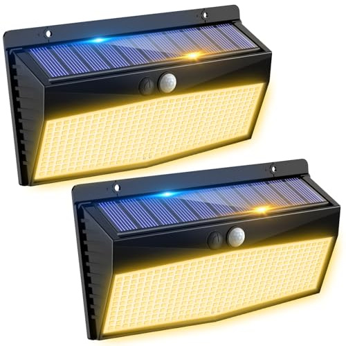 Peasur 2 Stück 368LED Solarlampen für Außen mit Bewegungsmelder, Solarleuchten Lampe Outdoor 3 Modi IP65 Wasserdichte Solar Wandleuchte für Garten Garage Deck, Warmweiß