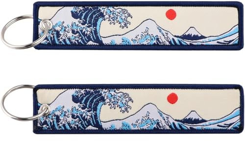 Tsffae Porte-clés Personnalisés, 2 Pièces, Porte-clés De Voiture Brodé en Forme De Vague Japonaise, Porte-clés De Brodés en Tissu pour Motos Vélos