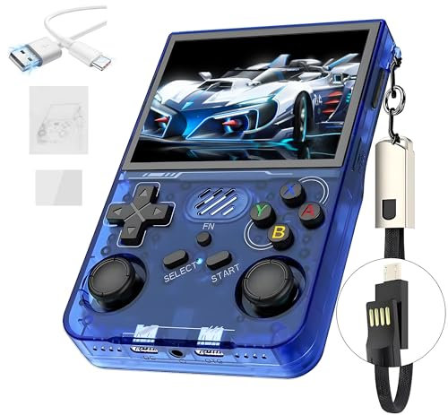 R36XX Retro Handheld Spielekonsole 128G,22000+ Spiele,12 Emulatoren,3000mAh,tragbare Videospielkonsole mit 3.5-Zoll-IPS-OCA-HD-Bildschirm,640*480P,Open Source Linux System,Dual 3D Joystick (Blau)
