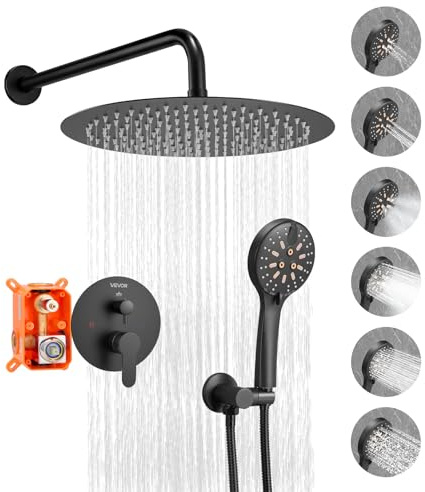 VEVOR Sistema Doccia a Pioggia per Bagno con Soffione Tondo 305 mm e Doccetta, Set di Rubinetti da Doccia a Parete, con Valvola in Ottone e Kit di Finitura, Rubinetto Doccia, Nero Opaco
