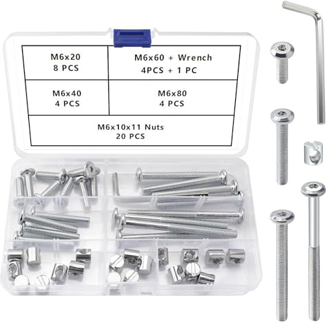 VooGenzek 40 PCS M6 x 20/40/60/80 mm Bed Screws Nuts Hardware Kit, Hex Furniture Barrel Bolts, with Allen Wrench, for Furniture Beds Crib Chairs, Silver