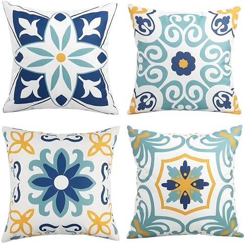Hopomoon 4er Set Kissenbezug 45x45 cm Mediterran & Marokkanisch, Blau Gelb Fliesen-Optik Boho Dekokissen Kissenhülle Zierkissenbezug für Sofa Wohnzimmer Balkon Garten Outdoor, mit Reißverschluss