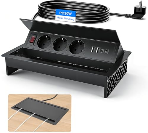Versenkbare Steckdose Mit 2 USB-C Pd 30w Und 2 USB-A,3 Fach Versenkbare Steckdose Für Küche,Einbausteckdose Versenkbar Mit Schalter Mit USB Für Konferenzraum Büro,3000w 1.8m Kable