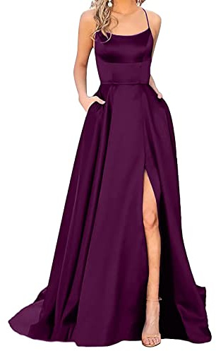 Generisch Robe de bal longue et élégante pour femme Dos nu en satin avec bretelles spaghetti et fentes latérales Avec poches