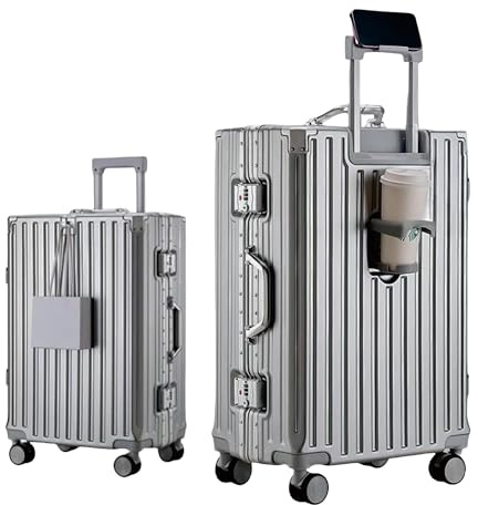 Maleta de equipaje de mano con marco de aluminio (55 cm) – 45 L – Maleta rígida con portavasos y soporte para teléfono móvil – Maleta de viaje premium con cerradura TSA y ruedas dobles 360°