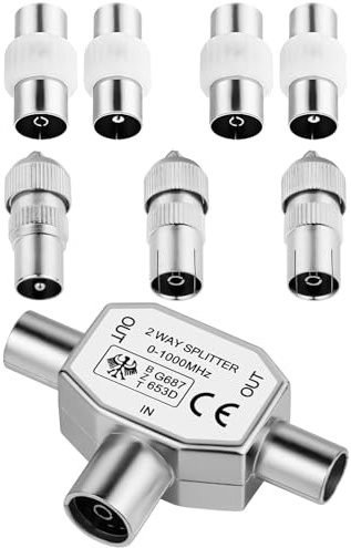 2-Way TV Aerial Splitter with Male and Female Connectors, TV Ariel Connections, Coaxial Cable TV Splitter, TV Signal Booster for Freeview/Sky/Virgin