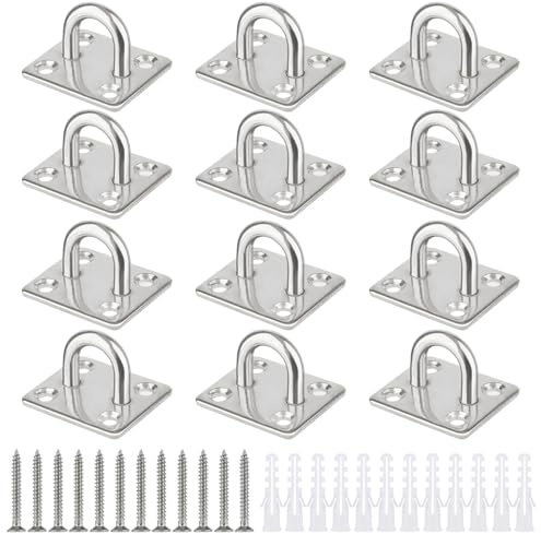 GHLAECM 12 Piezas Placa de Ojo Cuadrada Acero Inoxidable M5, 35x30mm Gancho de Techo con Tornillos y Tacos, Carga 50kg, Fijación para Toldos Vela, Hamaca, Yoga, Accesorios Náuticos