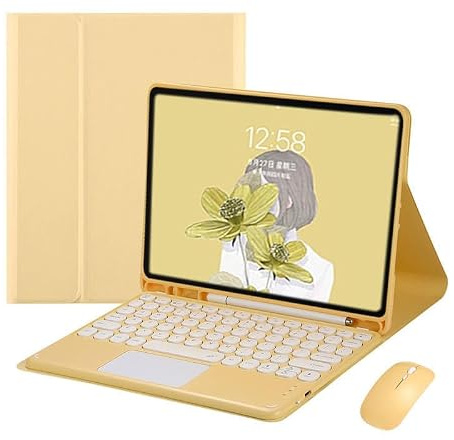 Generic Custodia a libro in pelle per iPad Air 10.9 4a / 5a generazione (tastiera gialla + mouse + custodia a libro)
