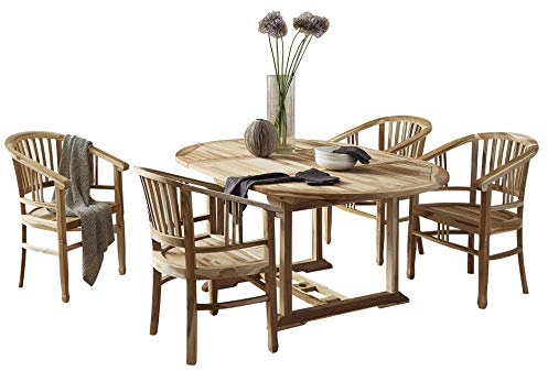 SAM Teak-Holz Gartengruppe Borneo, 5tlg. Set aus 1x Holztisch + 4X Gartenstühle Moreno, Ausziehtisch 120–170 cm, mit Schirmloch