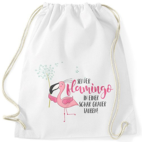 MoonWorks Turnbeutel sei der Flamingo in einer Schar grauer Tauben Spruch Flamingo Pusteblume Weiss unisize