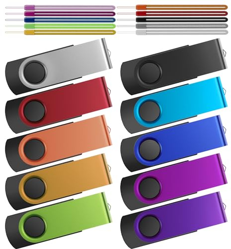 USB Stick 8GB Bulk Pack of 10, USB 2.0 Flash Drives Metal Value Memory Sticks 8 Giga, Kepmem Swivel U Disk Multicoloured Pendrives Portable Keychain Pen Drive 8 GB with 10pcs Ropes Data Storage