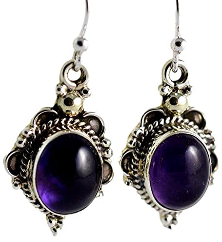 Navya Craft Amethyst Stein Ohrhänger, handgefertigter Boho Schmuck aus 925 Sterling Silber, ovaler Edelstein Schmuck mit Februar Geburtsstein, Geschenk für ihren Geburtstag