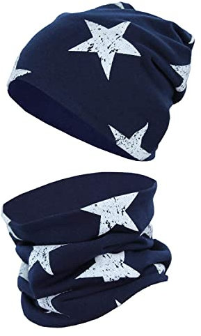 TupTam Unisex Kinder Beanie Mütze Schlauchschal Set, Farbe: Sterne Weiß/Dunkelblau, Größe: 50-52