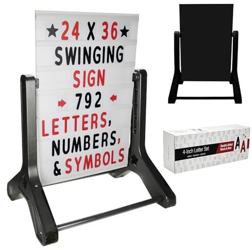 Swinging Changeable Message Sidewalk Sign: 24 x 36 Sign with 792 Pre-Cut Double Sided Letters and Storage Box. Includes Black Board & Letter Board (Black Color Legs)