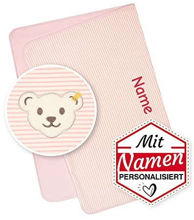LALALO Steiff Babydecke Bestickt mit Namen, Individuelle Mädchen Kuschel- und Krabbeldecke, Personalisierte Decke mit Name für Babys als Geschenk zur Geburt, Geburtstag & Taufe (Rosa/Pink)
