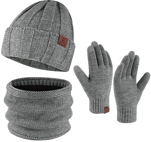 Bequemer Laden Herren Winter Warm Mütze Loop Schal und Touchscreen Handschuhe Set mit Fleece Gefütterte Thermo Wintermütze Strickmütze Schlauchschal Winterhandschuhe Geschenk für Männer, A Grau