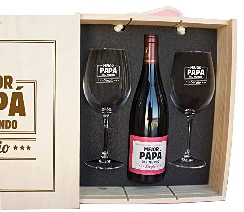 Kit con Botella de Vino + Copas de Vino + Caja de Madera, Todo ello Personalizable con Nombre para el mejor papá