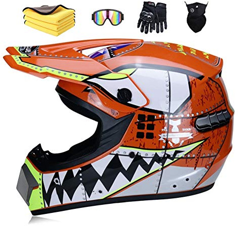 Wbeiba Casque De Motocross MX Pour Enfants, ATV D.O.T Certified, Requin Multicolor Avec Lunettes Gants (Orange, M:57-58cm)