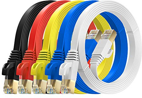 MutecPower 3m 5 Pack Cables de red Ethernet ULTRA PLANO CAT 7 con enchufes RJ45 Cable Delgado Patch LAN Latiguillo - Cables de 3 metros rojo/amarillo/azul/negro/blanco con bridas y clips