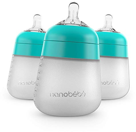 Nanobebe Flexy Silikon-Babyflaschen, Anti-Koliken, natürliches Gefühl, nicht zusammenklappender Nippel, kippsicherer Standfuß, leicht zu reinigen, 3er-Pack, Blaugrün, 270 ml