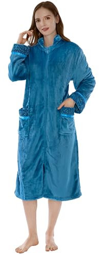 PAVILIA Damen Hausmantel mit Reißverschluss, Fleece-Bademantel mit Reißverschluss vorne, Plüsch, warmer Reißverschluss, Hausmantel, Liege mit Taschen, lang, ozeanblau, Large-X-Large