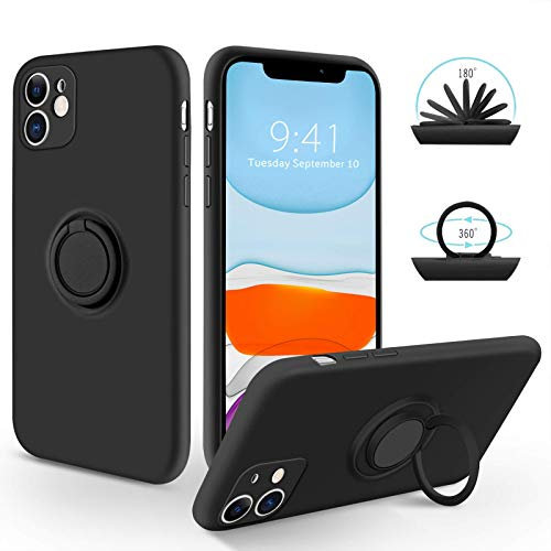 SouliGo for iPhone 11 Case Silicone Gel with 360° Ring Holder Kickstand【Compatible Magnetic Car Mount】 Slim Fit Soft Rubber Protective Shockproof Phone Cover Cases for iPhone 11 6.1 - Black