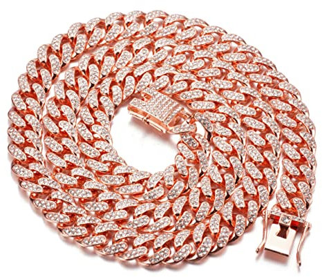 Halukakah Goldkette Herren Iced Out,Rosévergoldet 14mm Männer Choker Kette,Goldenes,Miami Kubanische Panzerkette,75cm,Geschenk für Mann