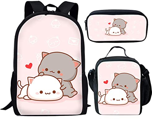 HUIACONG Schulranzen-Sets für Mädchen mit Brotdosen Federmäppchen 3er Set, Katze pink