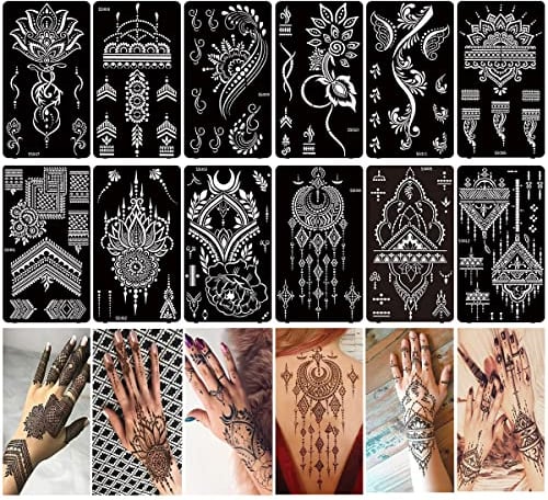 XMASIR 12 Blatt Henna Tattoo Schablonen Kit für Hände Unterarm, Indische Wiederverwendbare Temporäre Tattoo Aufkleber für Frauen Mädchen