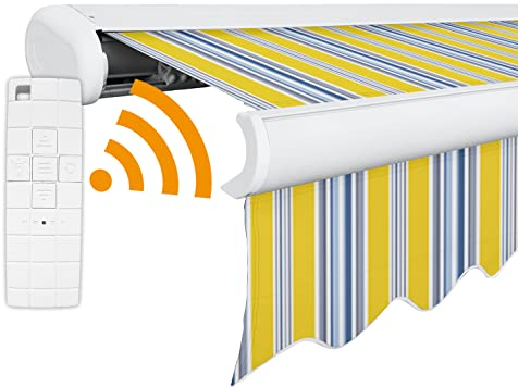 Arilco Elektrische Vollkassettenmarkise Kassettenmarkise Gelenkarmmarkise Markise Sonnenmarkise Sonnenschutz in vielen Farben und Größen wählbar in der Kassettenfarbe Weiss (5m x 3m, Primel)